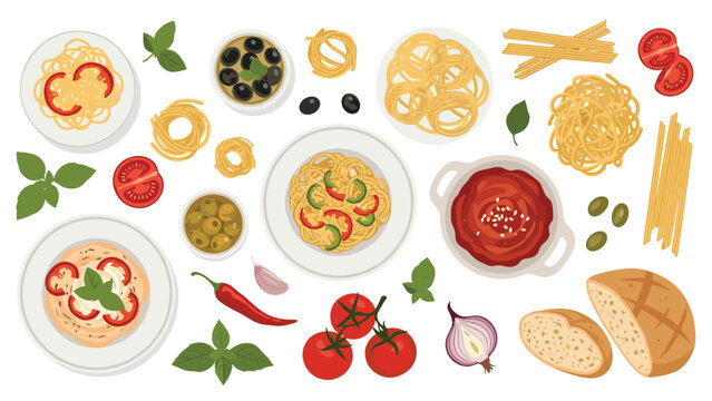 A top-down flat lay collection of Italian pasta dishes and fresh ingredients like tomatoes, basil, olives, and raw spaghetti.