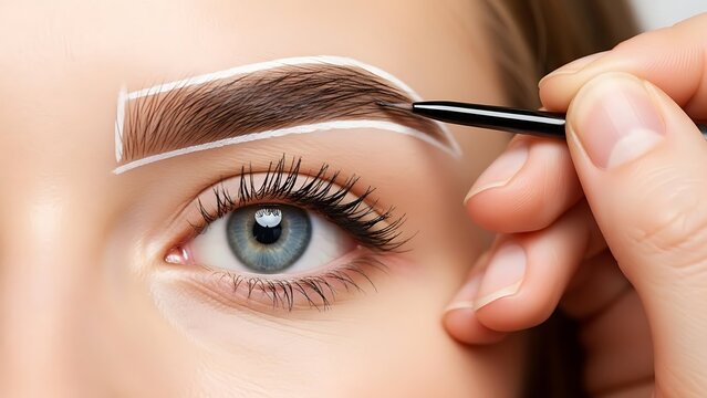 Close-up of a woman's eye as an artist meticulously shapes her eyebrow with a brush
