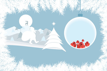 Christmas and New Year card. New Year fir trees, snow, reindeer, mountains, moon and Santa Claus with sack of presents