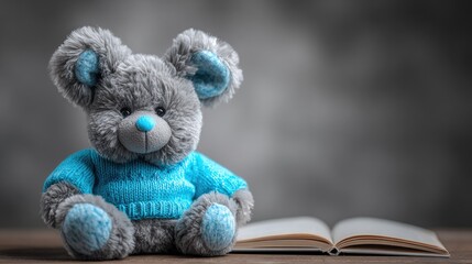 Gray stuffed mouse in a blue sweater sits by an open book.