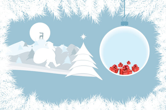  Christmas and New Year card. New Year fir trees, snow, reindeer, mountains, moon and Santa Claus with sack of presents