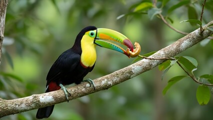 Fototapeta premium Keel-Billed Toucan Perched and Eating Fruit in Rainforest