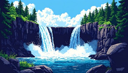 Pixelated landscape Water cascades over rocky cliffs, surrounded by green trees under a sunny, clouded sky