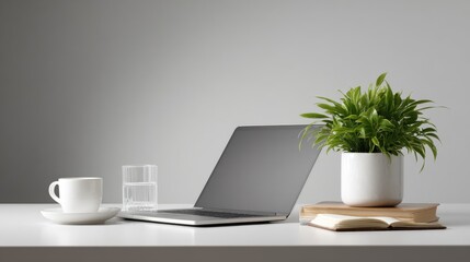 A modern desk with a laptop, plant, books, coffee cup, and glass of water against a grey backdrop