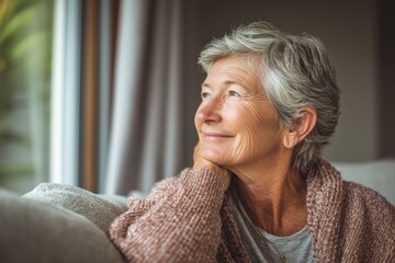 Senior woman enjoying calm rest in comfortable living room environment at home, elderly dignity and peaceful aging concept. Wellness, quality retirement lifestyle and residential comfort security.