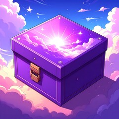 Purple box with a sky-cloud cover is shown against a pastel blue-purple sky with bright stars and dreamy clouds