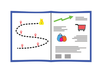 Vector illustration of a successful business planning book with a roadmap for business, finance, and marketing to achieve targets or goals. Dollars, shopping bags, shopping carts.