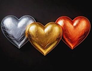Silver, Gold, Copper Metallic Hearts on Black Background AI