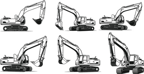Black excavator silhouettes set with various heavy machinery construction vehicles and hydraulic digger equipment isolated on white background for industrial design © MdAnowarHossain