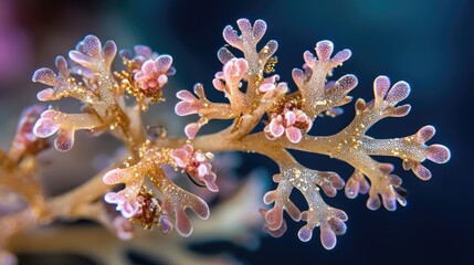 Intricate branching structure of a translucent marine organism displays delicate textures against a dark background