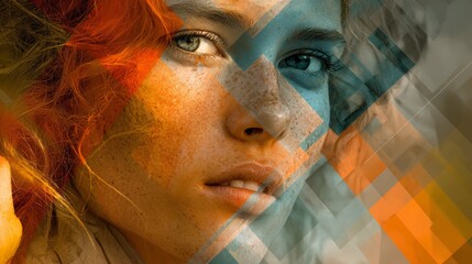 A close-up of a fair-skinned person with fiery orange hair and blue eyes, overlaid with a geometric pattern