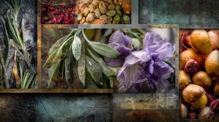 Collage showcases varied natural textures herbs, seeds, flower, and vegetables in rustic, grimy, and faded rectangular panels