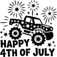 Monster truck, fireworks, patriotic celebration, 4th of July, Independence Day, USA holiday, black and white, vector art, stars, bold design, festive theme © KanonRani art