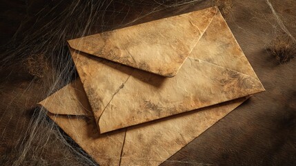Two aged, textured envelopes rest atop a webbed surface in a dimly lit setting. Surface details suggest age and mystery