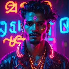 Portrait of a man with dark hair, wearing a leather jacket, against a colorful neon light background