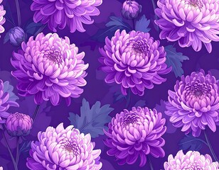 Purple chrysanthemums are intricately detailed, set against a dark, patterned background, creating a visually rich, dense floral scene