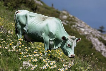 A charming mint green cow grazing on a lush hillside, surrounded by vibrant daisies. The unique color adds an enchanting touch to the picturesque rural landscape.
