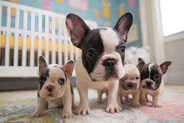 Adorable French Bulldog puppies playing in a nursery with mom