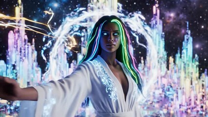 Woman in white with glowing aura against futuristic cityscape backdrop