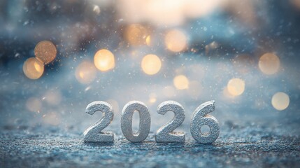 Sparkling silver '2026' against a blurred, bokeh-lit backdrop, evokes anticipation of a bright new year.