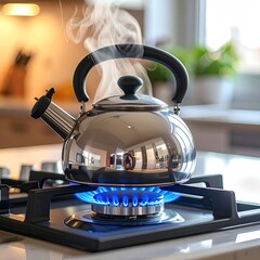 A shiny kettle boils on a gas stove. Steam rises