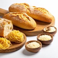 Wooden board with loaves of bread, pasta, and cheese