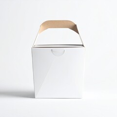 Empty white takeout food box with brown handle