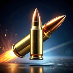 Two bullets, golden-hued,  in mid-flight,  with fiery trail