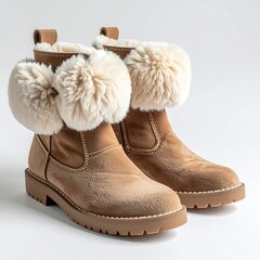 Pair of light brownish-tan suede ankle boots.  Large, off-white faux fur pom-poms adorn the tops.  Flat, sturdy soles.  Studio shot, white background