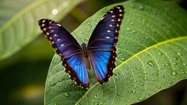 Blue Morpho butterfly resting on tropical jungle foliage, vibrant wings