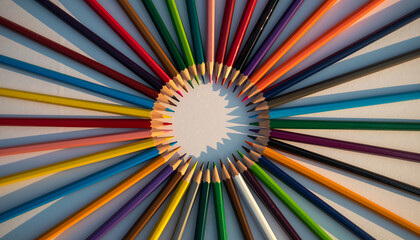 Vibrant colored pencils radiating from a central point in a circular pattern against a plain background