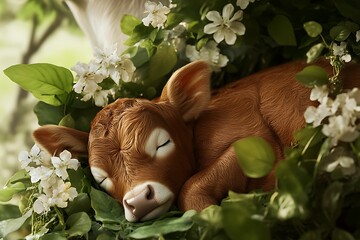 A charming portrayal of a calf sleeping contentedly on its mother's back, surrounded by lush greenery and delicate flowers, symbolizing comfort.