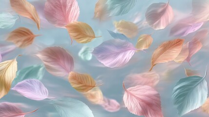 Pastel-colored leaves float against a soft blue, airy background, evoking a sense of gentle movement and tranquility