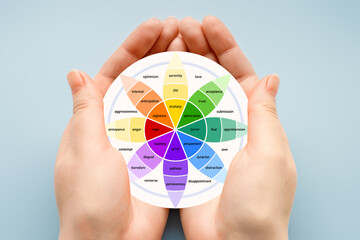 Wheel of emotions. Female hands holding a round paper poster with a diagram of the wheel of emotions