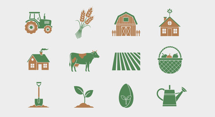 Agricultural icons and farm equipment symbols.