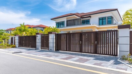 A modern two-story residence with a dark wooden gate and tall fence along a sunlit, suburban street today now