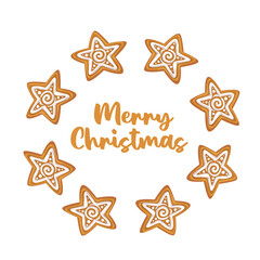 Vector illustration of a circular decorative frame made of hand drawn Christmas gingerbread in the form of a star with an icing