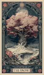 "The Snow" Art Nouveau Tarot-Style Illustration with Cherry Blossom Tree