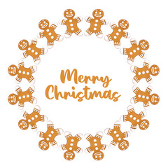 Vector illustration of a circular decorative frame made of hand drawn Christmas gingerbread in the form of a man with an icing