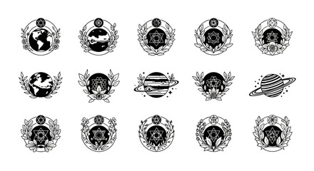 Black and white celestial body icons.