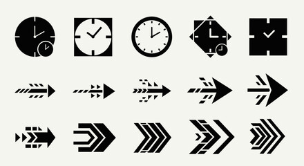 Black and white clock and arrow icons.