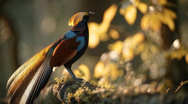Exotic Bird of Paradise Perched on Branch in Lush Forest Setting.