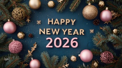 Festive New Year 2026 composition with ornaments, pine branches, and elegant lettering on dark surface.
