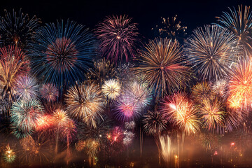 Obraz premium A vibrant explosion of colorful fireworks illuminates the night sky during a celebration