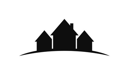 Naklejka premium Minimalist silhouette of three houses arranged on a curved base against a white background