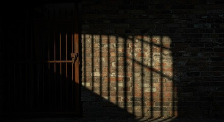 Shadows cast by a barred door on a brick wall