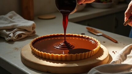 Pouring rich chocolate ganache into a freshly baked tart shell on a wooden board.