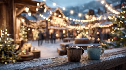 Cozy holiday market scene with twinkling lights, snow-covered wooden surfaces, and warm drinks in mugs