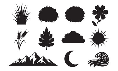 Nature Elements Silhouette Set with Trees and Natural Shapes