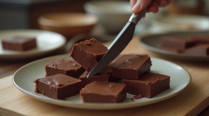 Delicious Homemade Chocolate Fudge Brownies Being Served on a Plate.